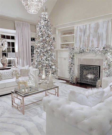 Elegant All White Christmas Living Room Decor With White Velvet Sofas