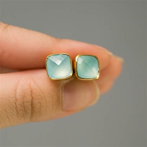 Aqua Blue Chalcedony Stud Earrings Gemstone Studs Cushion Etsy