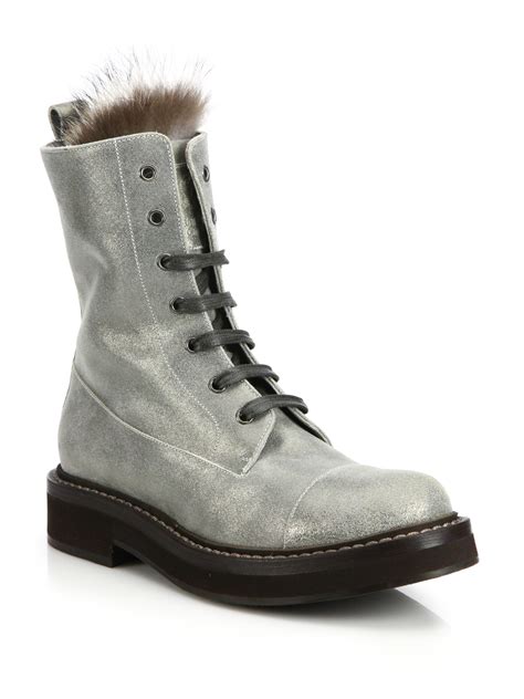Lyst Brunello Cucinelli Metallic Leather Fur Trimmed Combat Boots In