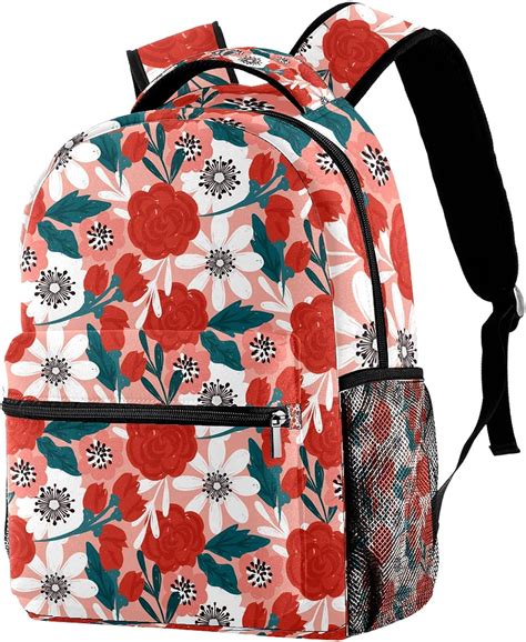 Red White Floral Flower Pattern School Backpack Book Bag Travel Daypack