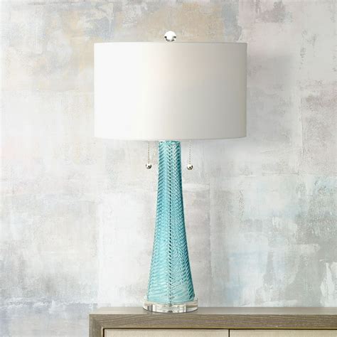 Possini Euro Design Modern Table Lamp Light Aqua Blue Textured Glass