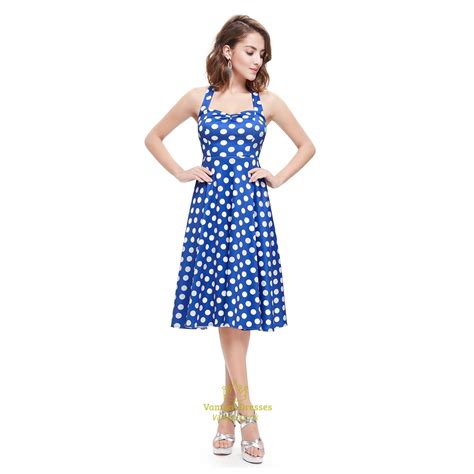 blue and white halter knee length polka dot sleeveless summer dress vampal dresses