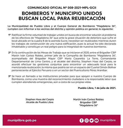 Comunicado Oficial N Mpl Gcii Municipalidad De Pueblo Libre