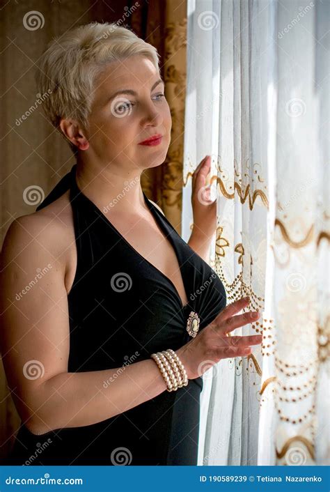 Mature Woman At Black Vintage Dress Romantic Style Lady Portrait