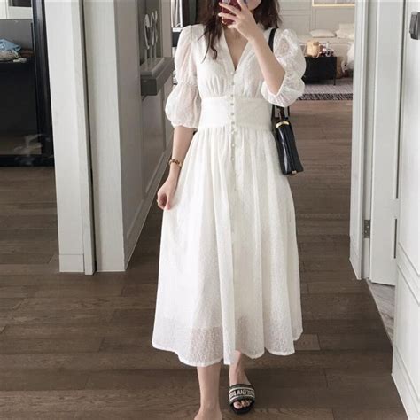 Taovk Romantic White Dresses Summer V Neck Single Breasted Puff Sleeve