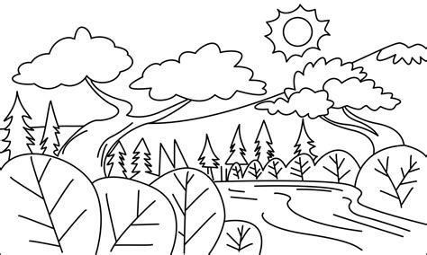 ilustración de paisaje de río y montaña adecuado para niños libro para colorear Vector