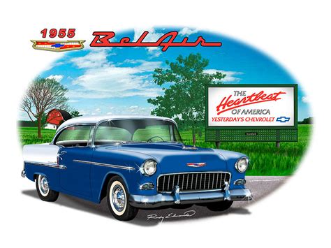 1955 Chevy Belair Blue With White Top Classic Car Art Drawing By Rudy