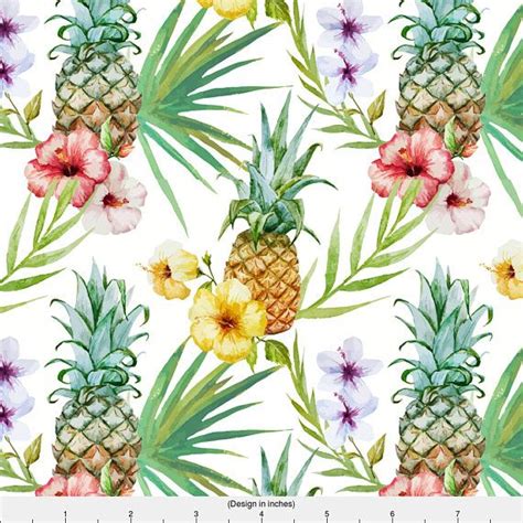 Pineapple Fabric Topical Watercolor Hibiscus Flowers Etsy Pineapple
