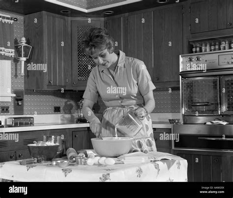 1960s Woman Household Prepare Food Mix Kitchen Stock Photo Alamy