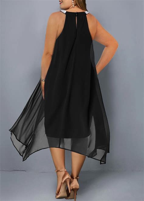 Asymmetric Hem Embellished Neck Plus Size Chiffon Dress Rosewe Com
