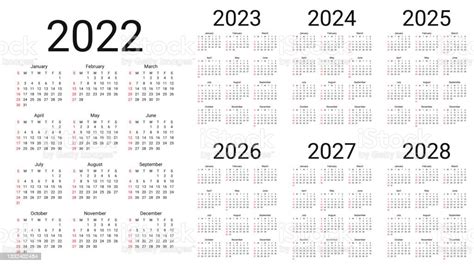 Calendar 2022 2023 2024 2025 2026 2027 2028 Years Vector Illustration
