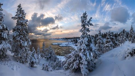 Papéis de Parede Inverno neve espessa árvores nuvens lago crepúsculo x HD imagem
