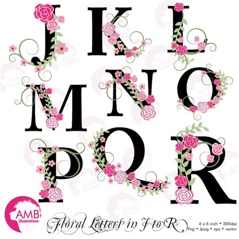 Floral Alphabet Clipart Floral Clipart Letters J To R Etsy