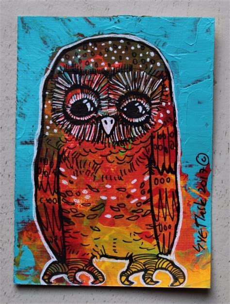 Aceo Original Acrylic Pen Painting Abstract Bird Night Wild Owl Ii Sue