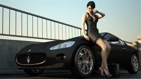 Black Maserati Coupe Machine Girl Maserati Stockings Dress Keys