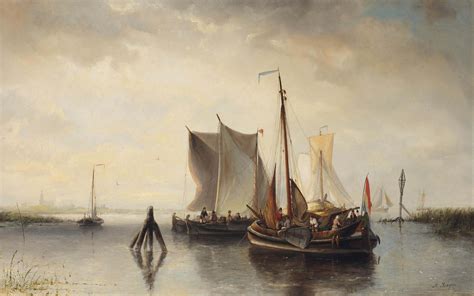 Nicolaas Riegen Amsterdam 1827 1889 A River Landscape With Vessels