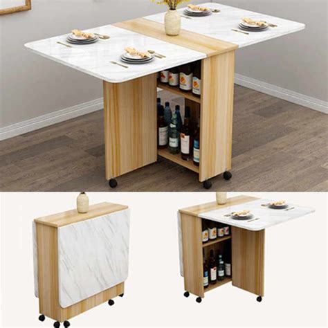 Storage Wooden Dining Table With Wheels Movable Living Room Fold