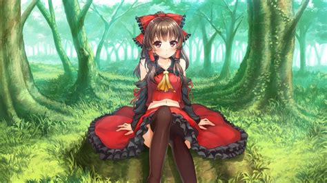 The Forest Anime Girl Sitting On The Green Grass Red