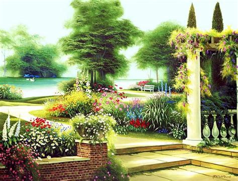 Romantic Garden Trees Entry Wall Lake Artwork Swans Painting