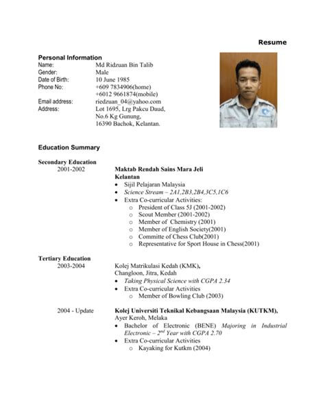 Bahasa Melayu Objektif Dalam Resume Contoh Resume Untuk Lepasan Stpm