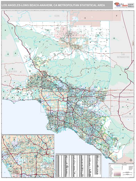 Los Angeles Long Beach Anaheim Ca Metro Area Wall Map Premium Style By