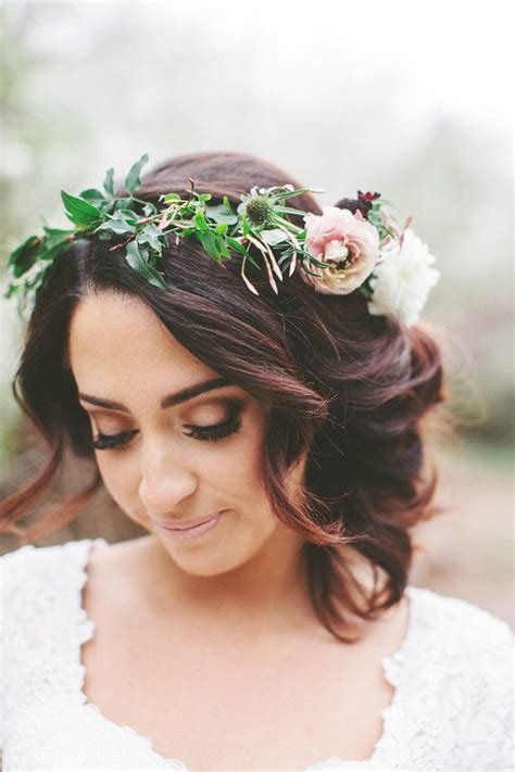 Boho wedding hairstyle can always be completed with seasonal flowers. Flower Crown Updo | Short wedding hair, Boho wedding hair ...