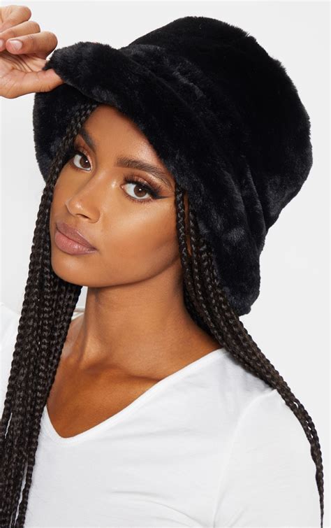 Black Faux Fur Bucket Hat Accessories Prettylittlething Il