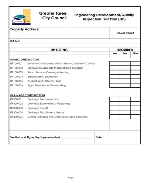 Engineering Development Quality Inspection Test Plan Itp Forms 1