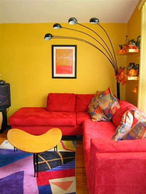 Red Sofa Yellow Wall Colorful Living Room Decorating Ideas Picturesque