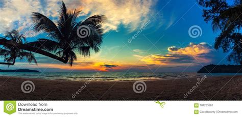 Landscape Of Paradise Tropical Island Beach Sunrise Shot Stock Image