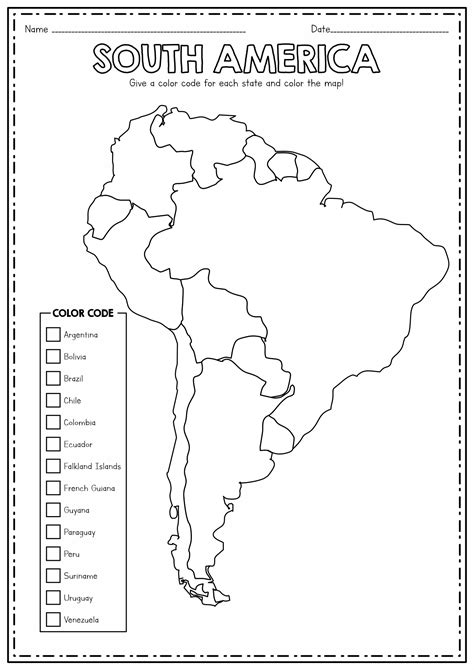 South America Coloring Page With Country Names Map Worksheets Map Images