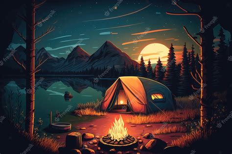 Free Download Premium Photo Summer Night Camp With Tent Campfire Trees