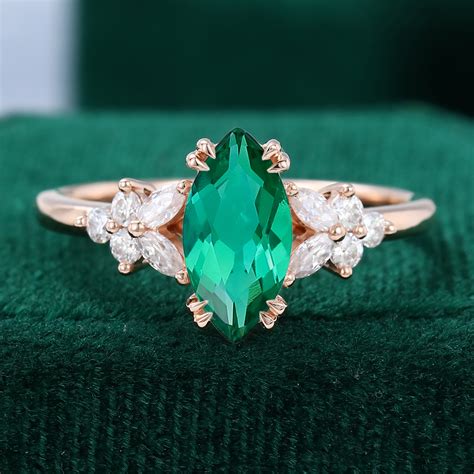 Marquise Cut Lab Emerald Engagement Ring In 14k Rose Gold Mollyjewelryus
