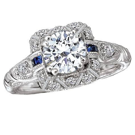18kt White Gold Diamond And Blue Sapphire Vintage Style Engagement