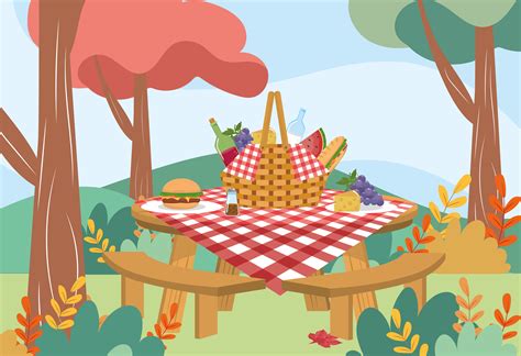 Picnic Basket With Tablecloth And Food On Table In Park 671837 Vector Art At Vecteezy