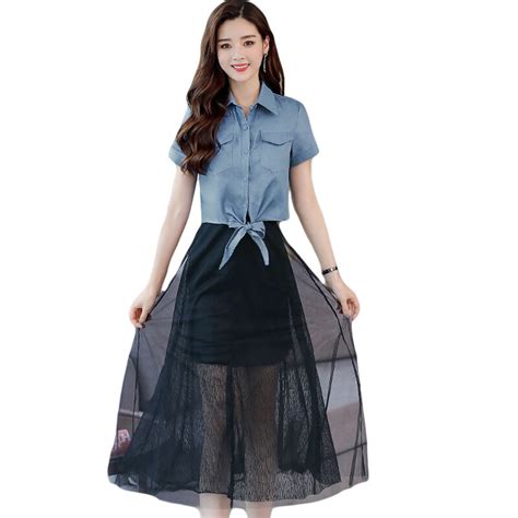 Fashion Long Maxi Dresses Women 2018 Summer Short Sleeve Denim Shirt Mesh Dress Two Pieces Party