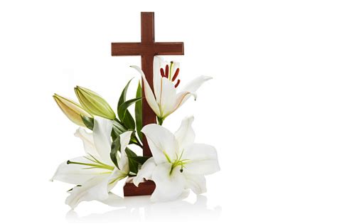 Cross With Lilies Isolated On White Background For Decorative Design