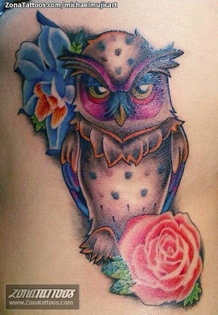 Tattoo Of Owls Flowers Birds