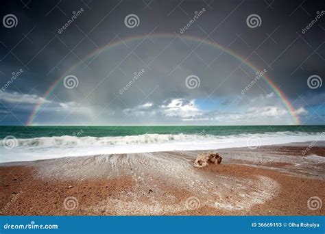 Big Beautiful Rainbow Over Ocean Waves Stock Image Image Of Outside