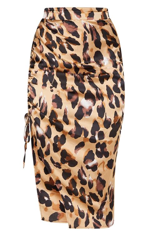 Leopard Print Satin Ruched Midi Skirt Prettylittlething Uae
