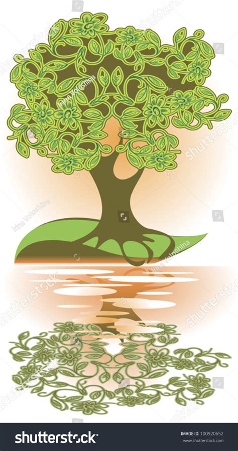 Reflection Large Green Tree Calm Water Stock Vector