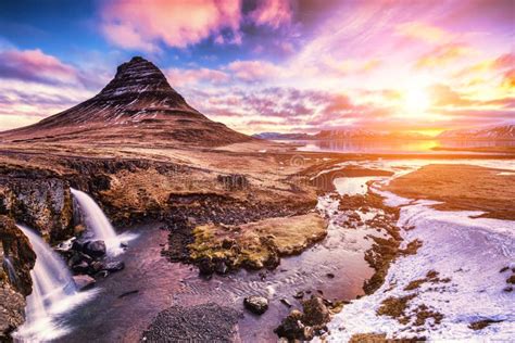 Spring Sunrise Over The Famous Kirkjufellsfoss Waterfall With