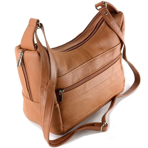 Womens Genuine Leather Purse Mid Size Multiple Pocket Shoulder Bag
