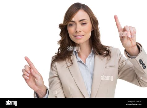 Businesswoman Posing With Fingers Up Stock Photo Alamy