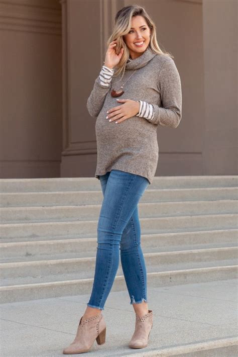 Mocha Striped Cowl Neck Knit Top Winter Maternity Outfits Maternity