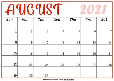 It is possible to print it daily, weekly and monthly. August 2021 Calendar Printable - Free Printable Calendars ...