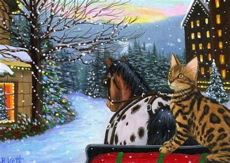 Bengal Cat Appaloosa Horse Sleigh Christmas Snow Original Aceo Painting