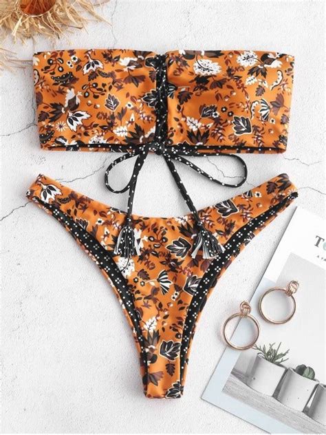 17 Off Popular 2019 Zaful Lace Up Floral Reversible Bandeau Bikini Set In Bee Yellow