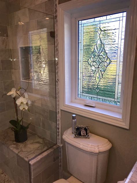 stunning all clear beveled window installed in bathroom for privacy light and beauty