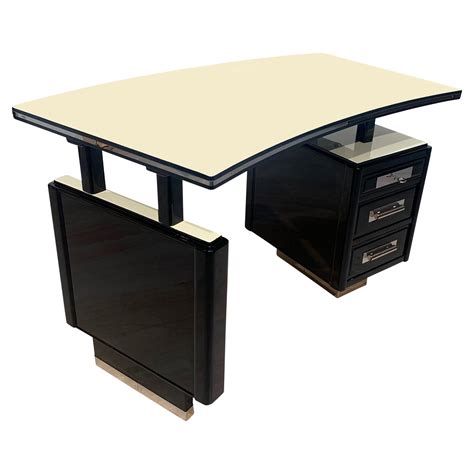 Small Art Deco Desk With Column Leg Black Lacquer And Metal France